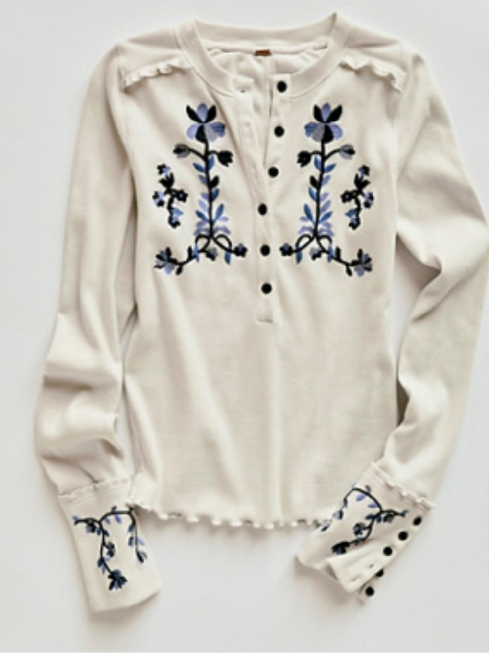 Free People Fleur Embroidered Henley Cuff Top in Tea Cookie - Picture 4 of 8